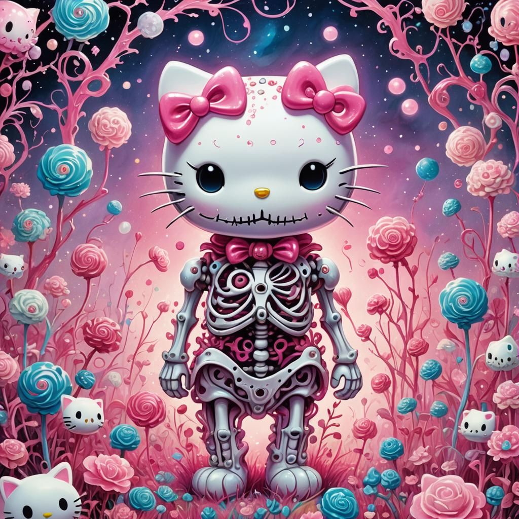 Glowing Hello Kitty Skeleton in Bioluminescent Galaxy