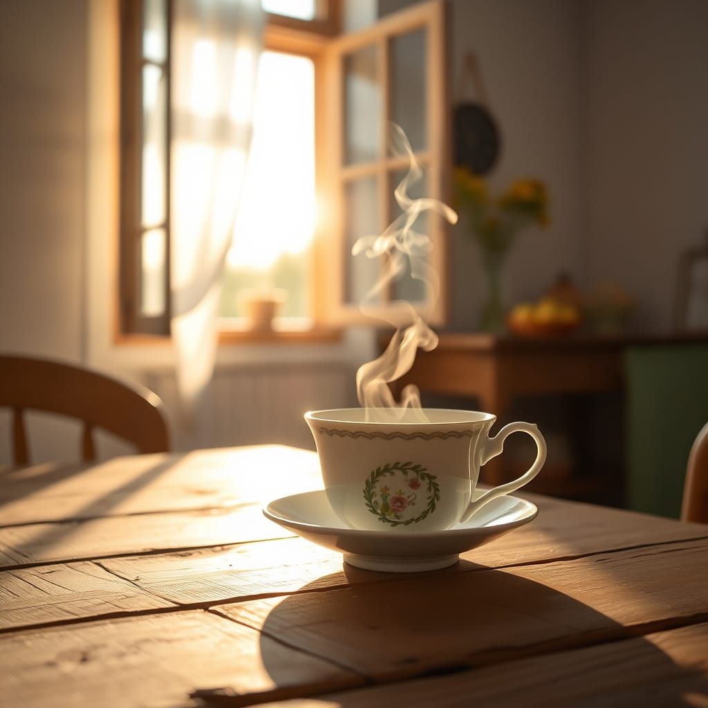 Steaming Cup of Tea in Sunlit Cozy Kitchen