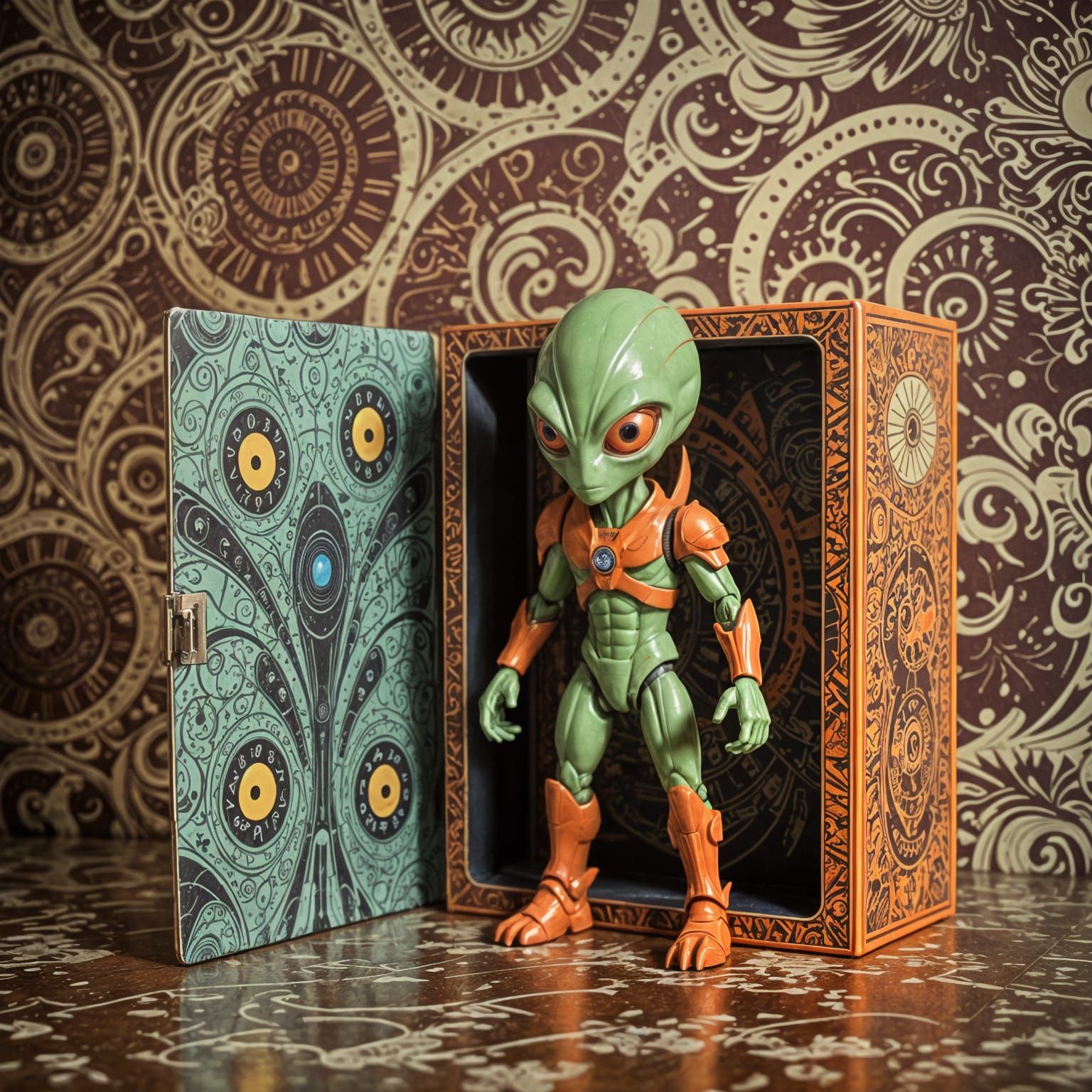 Retro Sci-Fi Action Figure Box in Vibrant Warm Hues