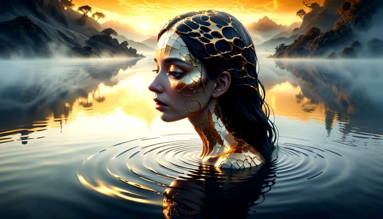 Ethereal Woman Reflects in Foggy Water, Cracked Porcelain Sk...