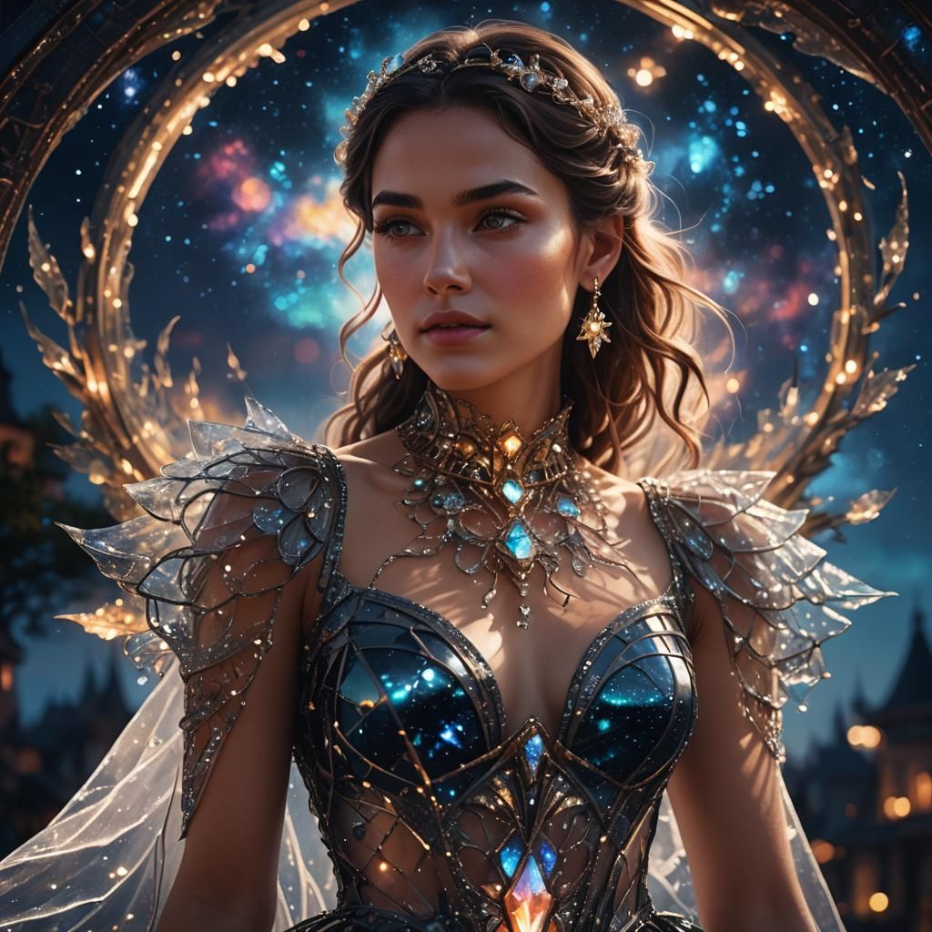 Woman in Glass Dress Against Dazzling Night Sky