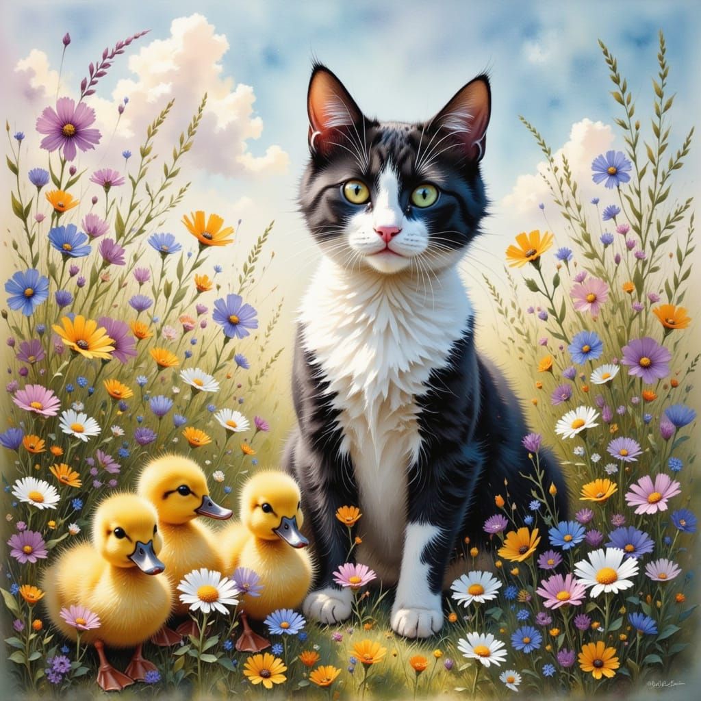 Cat and Ducklings in Meadow as Expressionist Painting