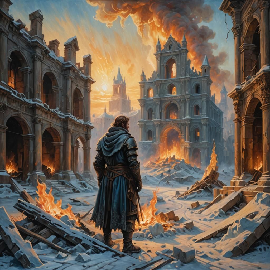 A Renaissance Knight Amidst Winter Ruins in Chiaroscuro Sple...