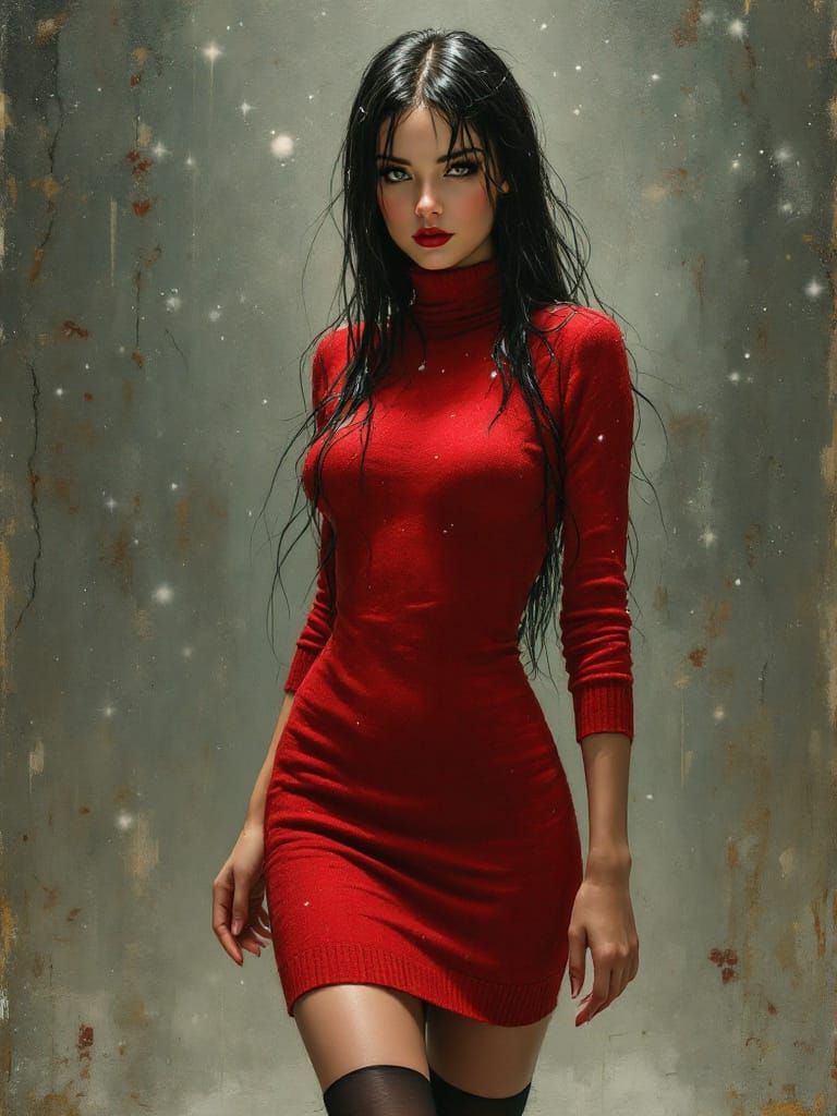 Pin-Up Woman in Festive Dress, Atmospheric Oil Painting Styl...