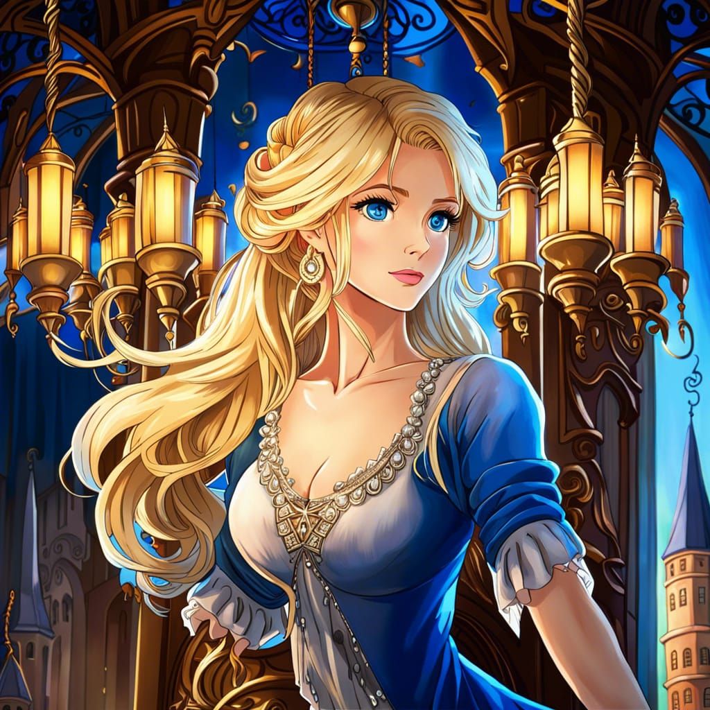 Anime Woman Swinging From Chandelier in Castle