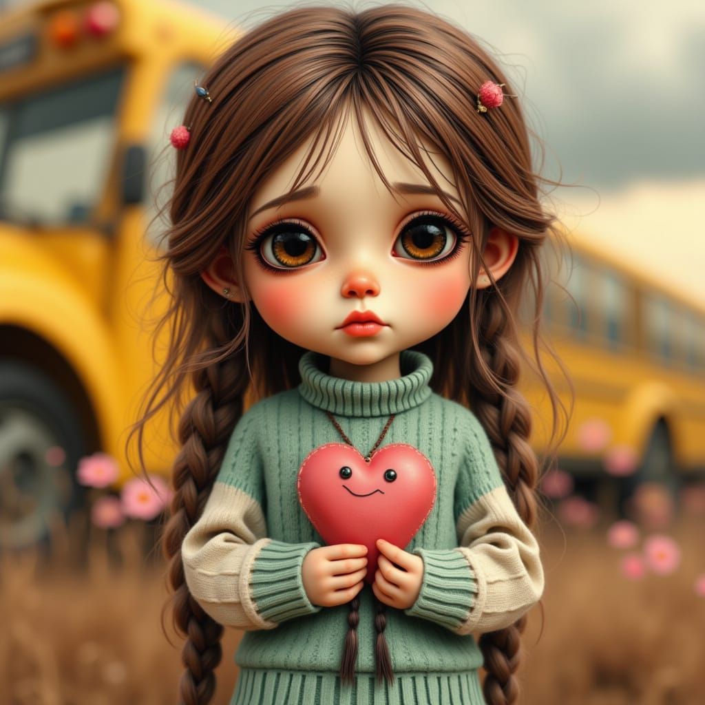 Sad Girl with Heart Toy in Pixar Style