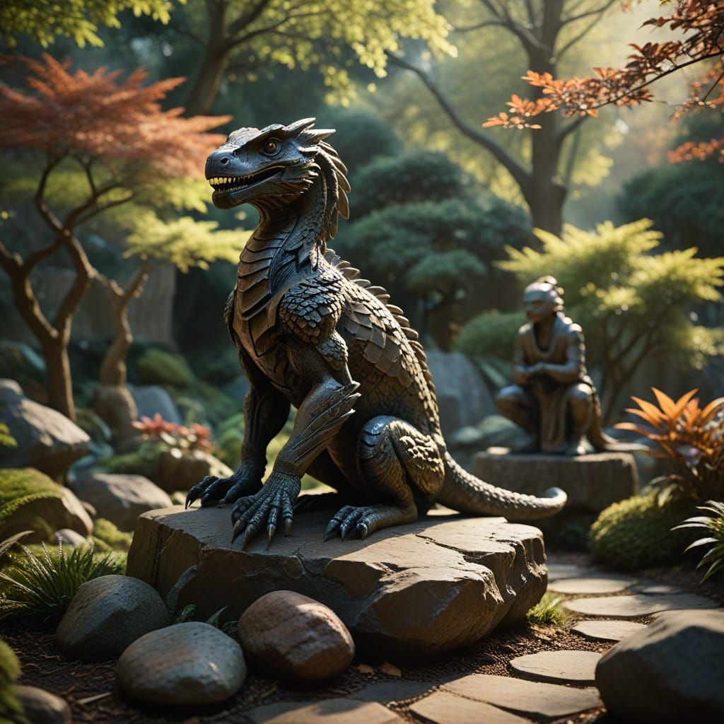 Sculptural Figures in Japanese Garden with Dramatic Lighting