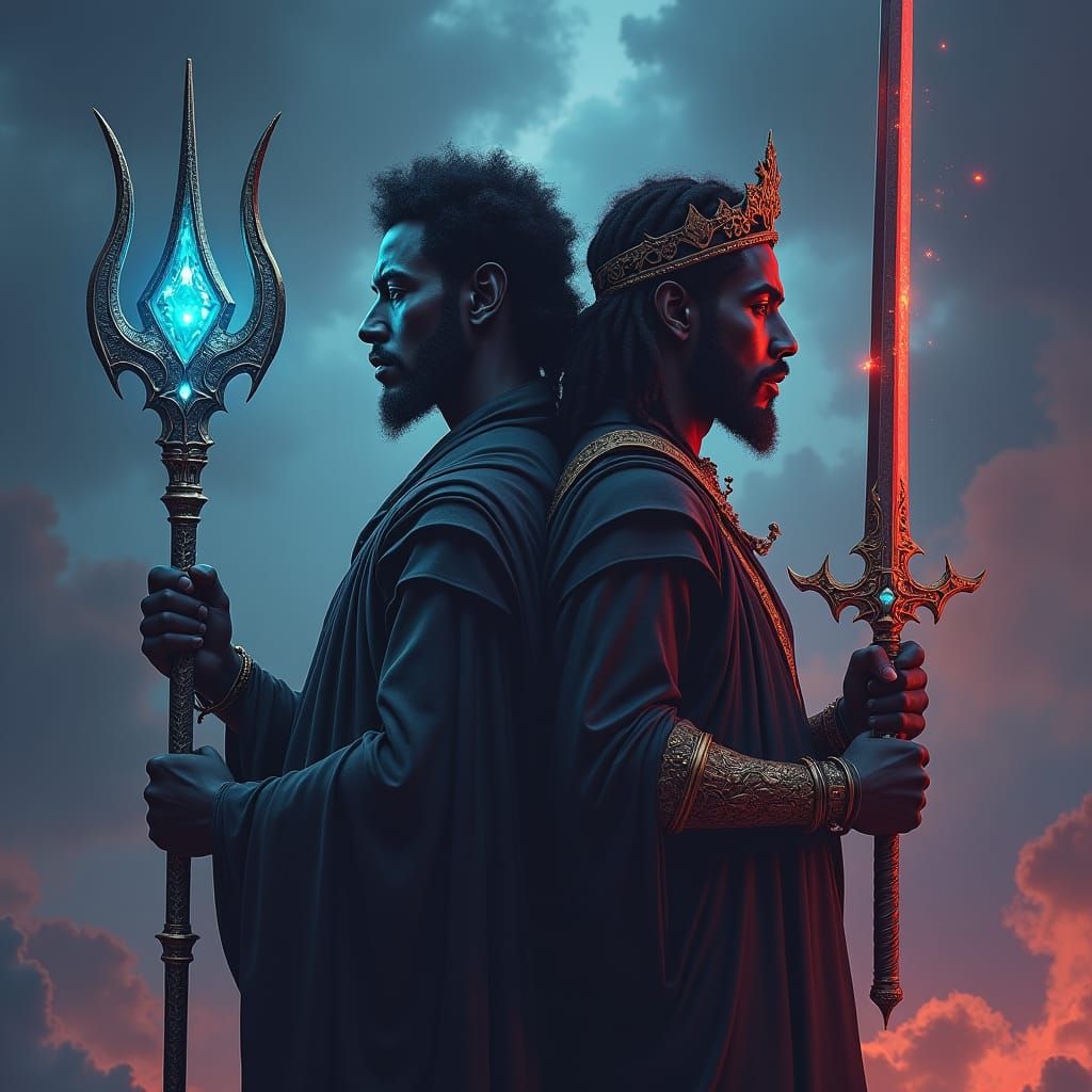 Dual-Faced Warrior with Trident and Sword