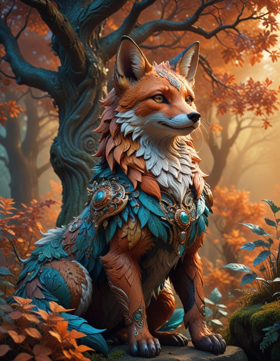 Majestic Anthropomorphic Fox Statue in Mystical Forest