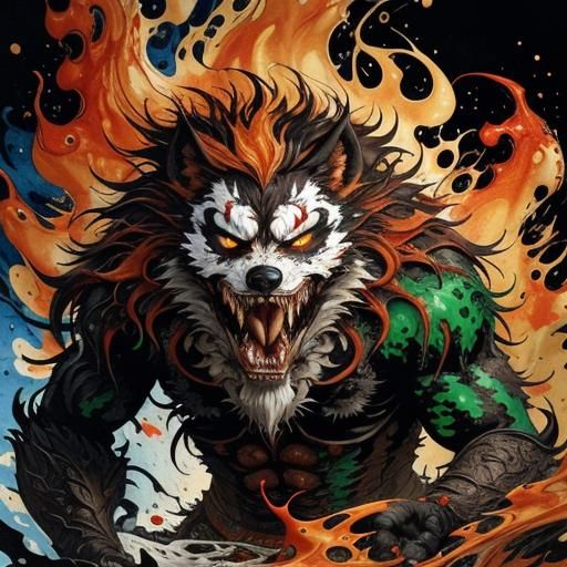 Enraged Ghost Werewolf in Liquid Ink Splatter Style