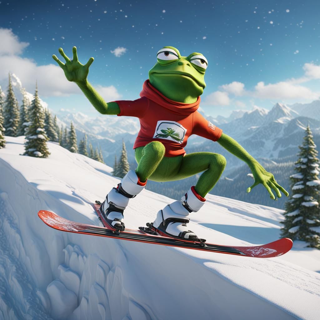 Pepe the Frog Ski Jumping in Detailed Matte Painting