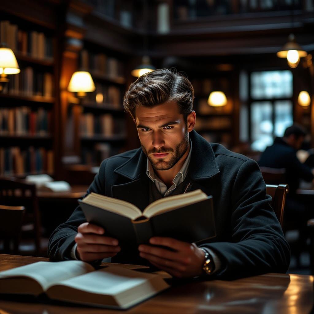 Man Reading Book in Library: Cinematic Film Still