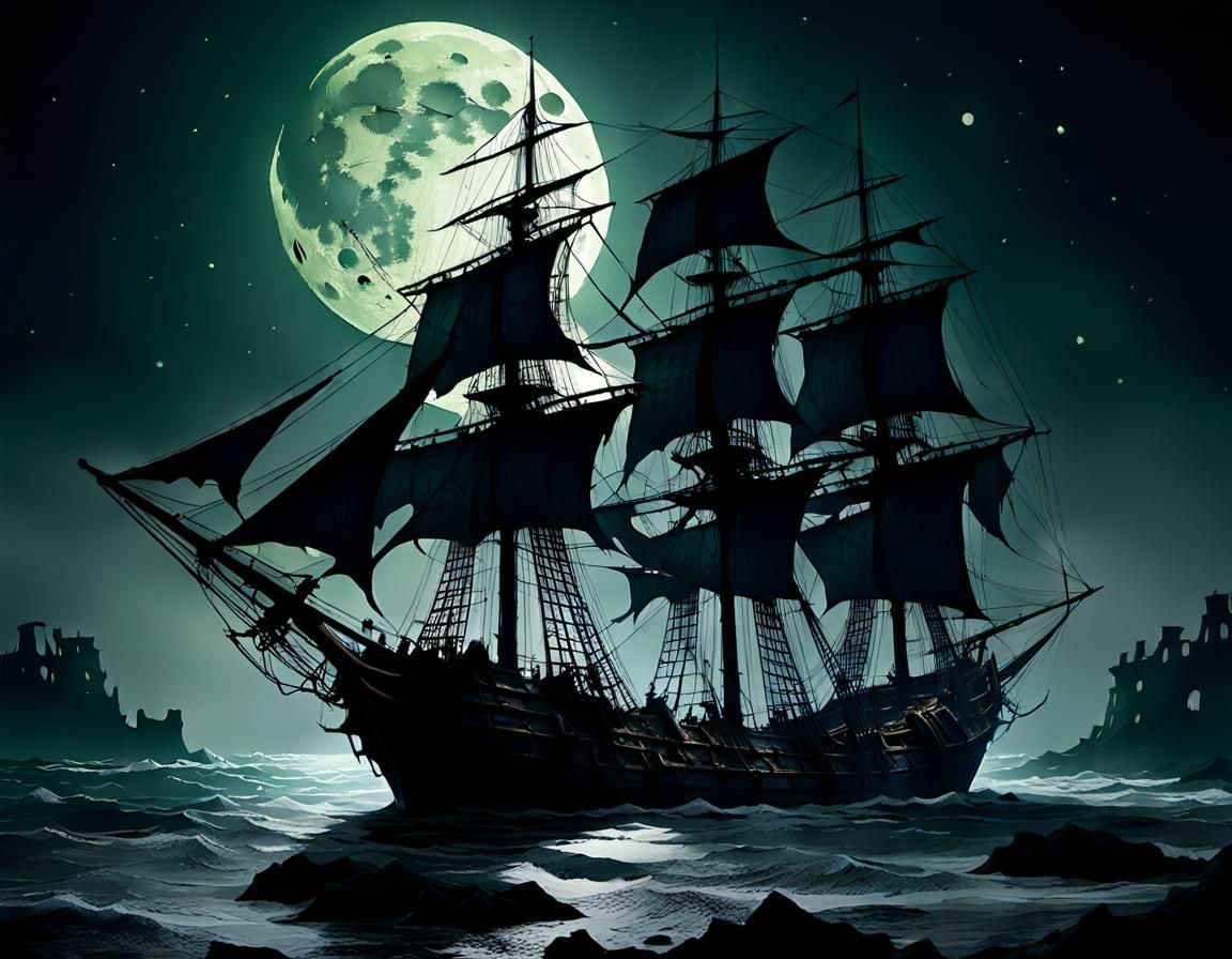 Gothic Sailing Ship Under Moonlight