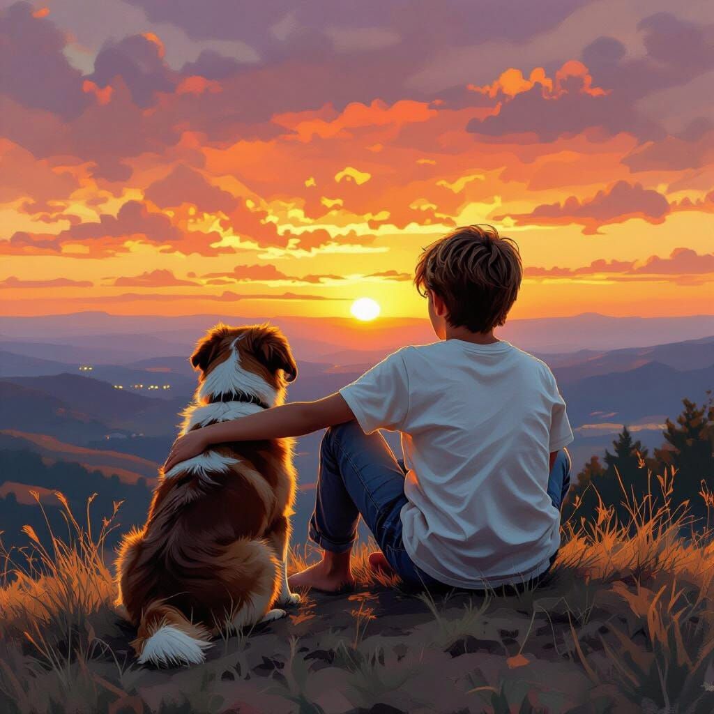Boy and Dog at Sunset: Serene Landscape Art