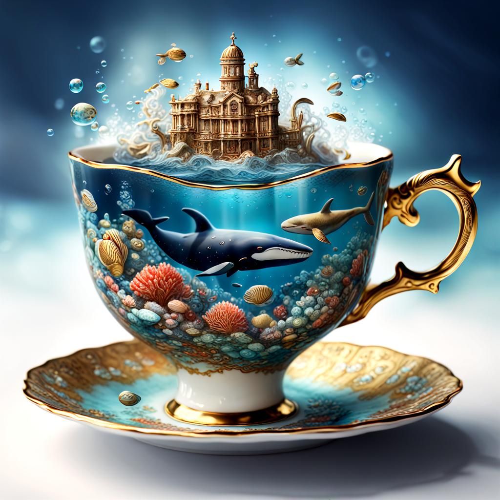 Underwater Kingdom Inside Antique Teacup: Fantasy Art