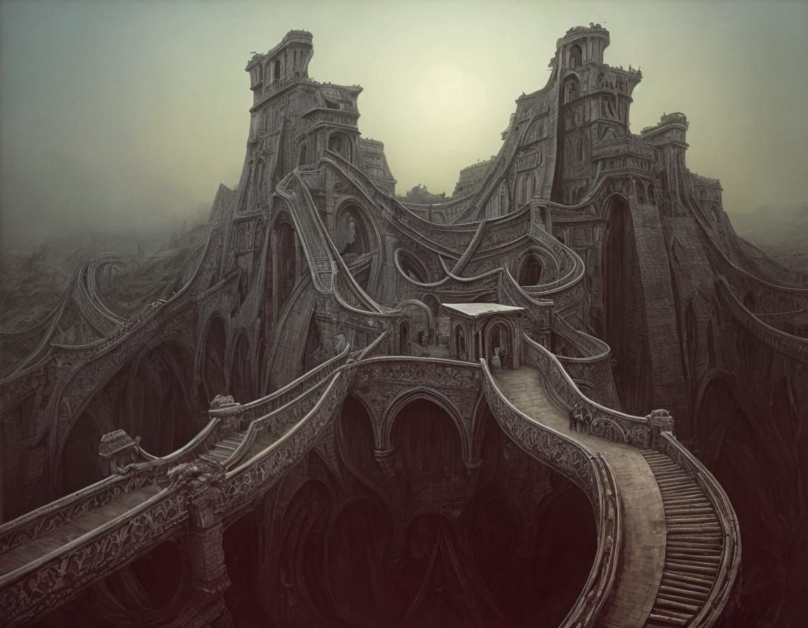 Alien Castle with Drawbridges: Surreal Architecture Painting