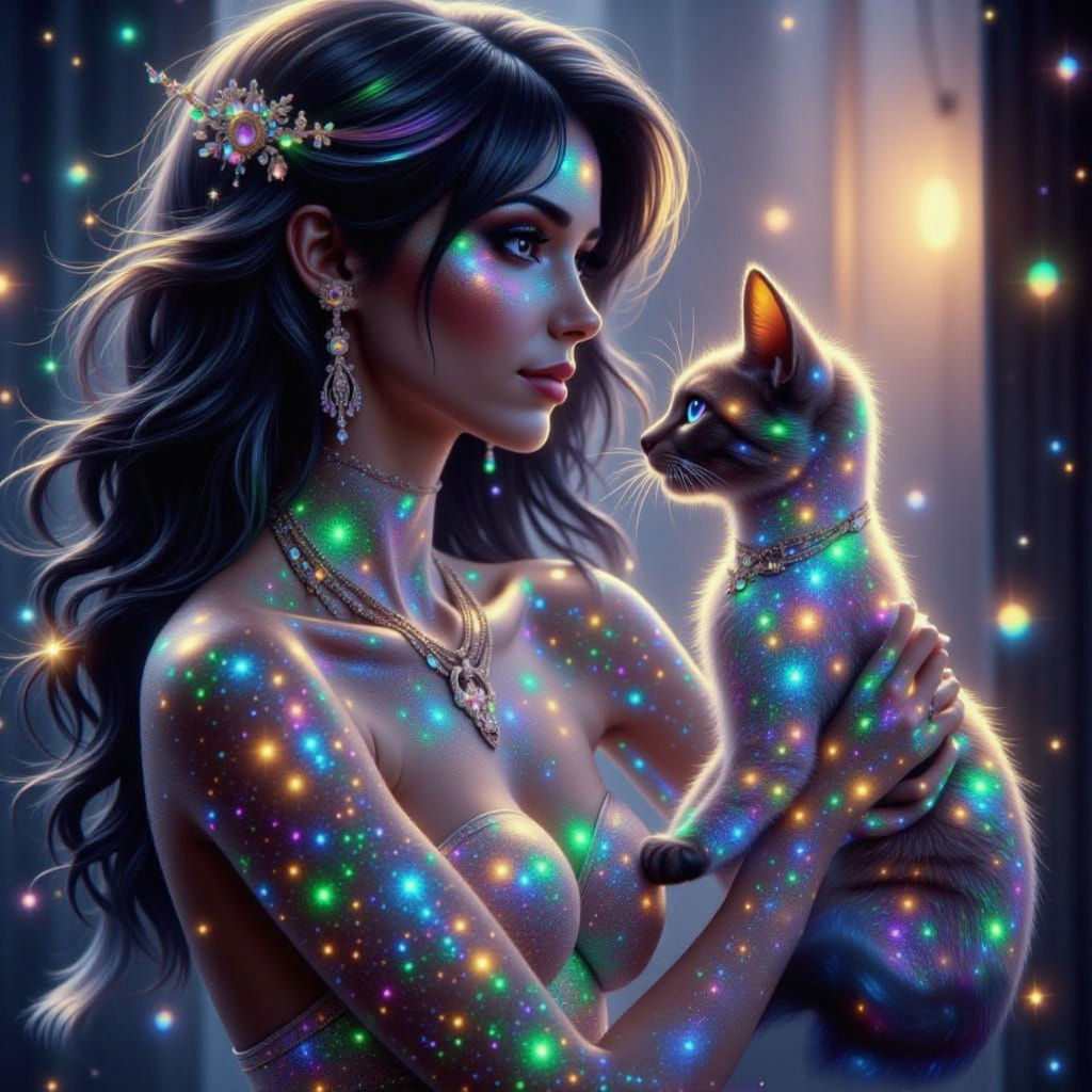 Holographic Woman and Calico Cat in Starlight