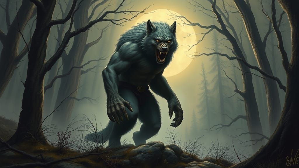 Werewolf in Misty Forest as Detailed Illustration