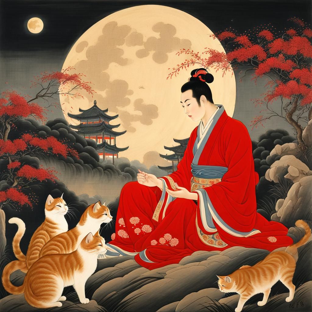 Young Man Praying Under Moon in Tang Dynasty Style