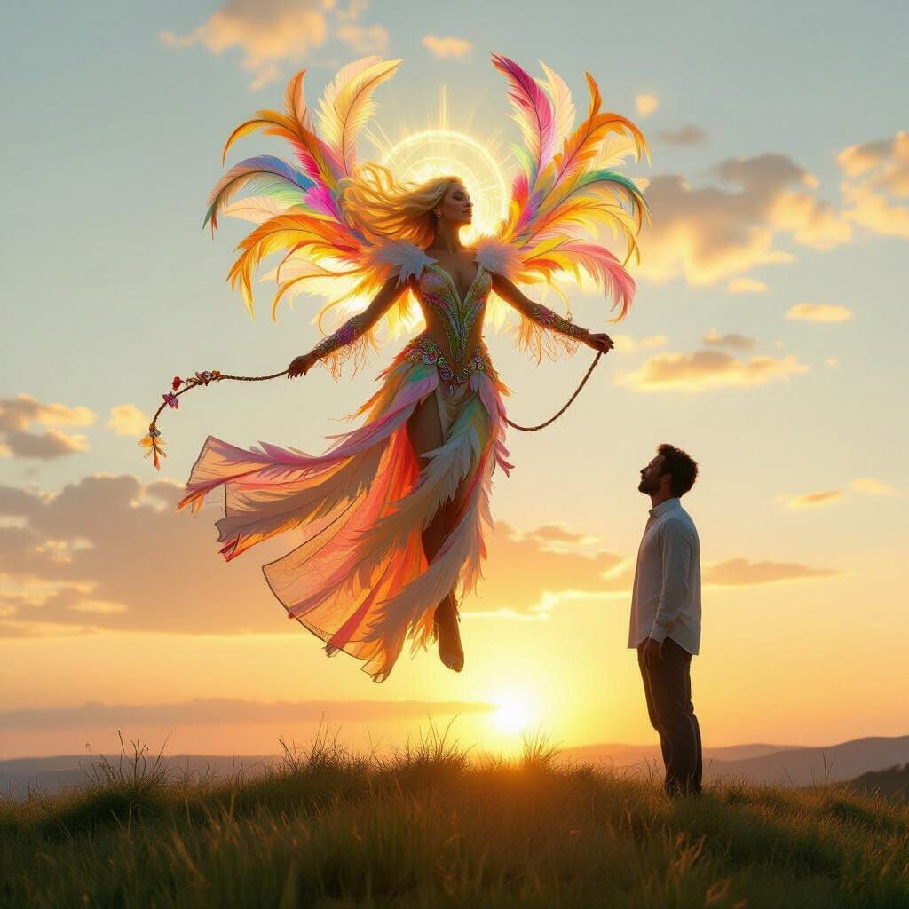 Man Bows to Radiant Feathered Woman at Sunset