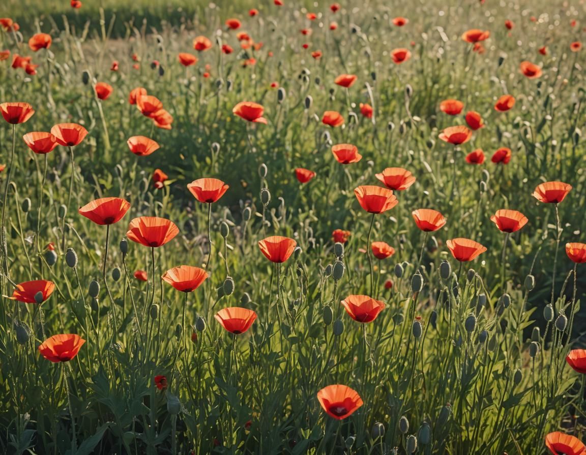 Red Poppies Field in Spring Sunlight, Photography