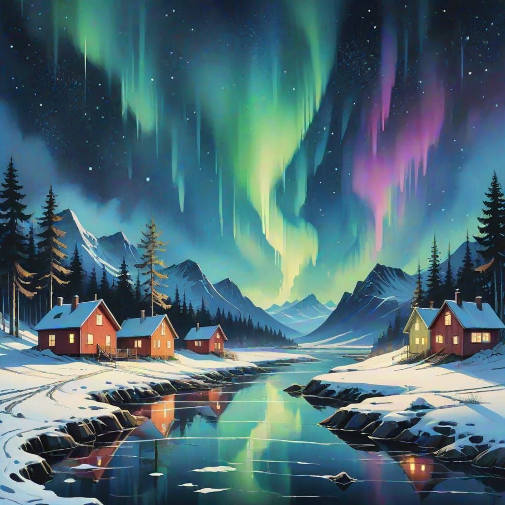 Ethereal Northern Lights in Vibrant Watercolour Hues
