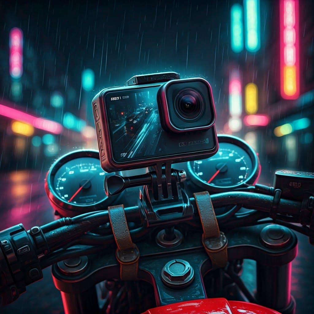 Cyberpunk Camera on Rainy Motorcycle Dashboard