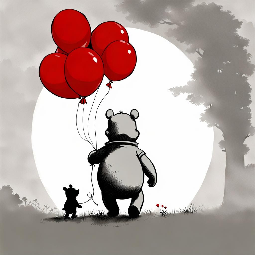 Banksy-Style Winnie the Pooh with Red Balloon