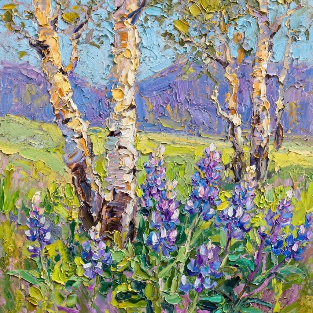 Lupine and Aspens with Thick Palette Knife Texture