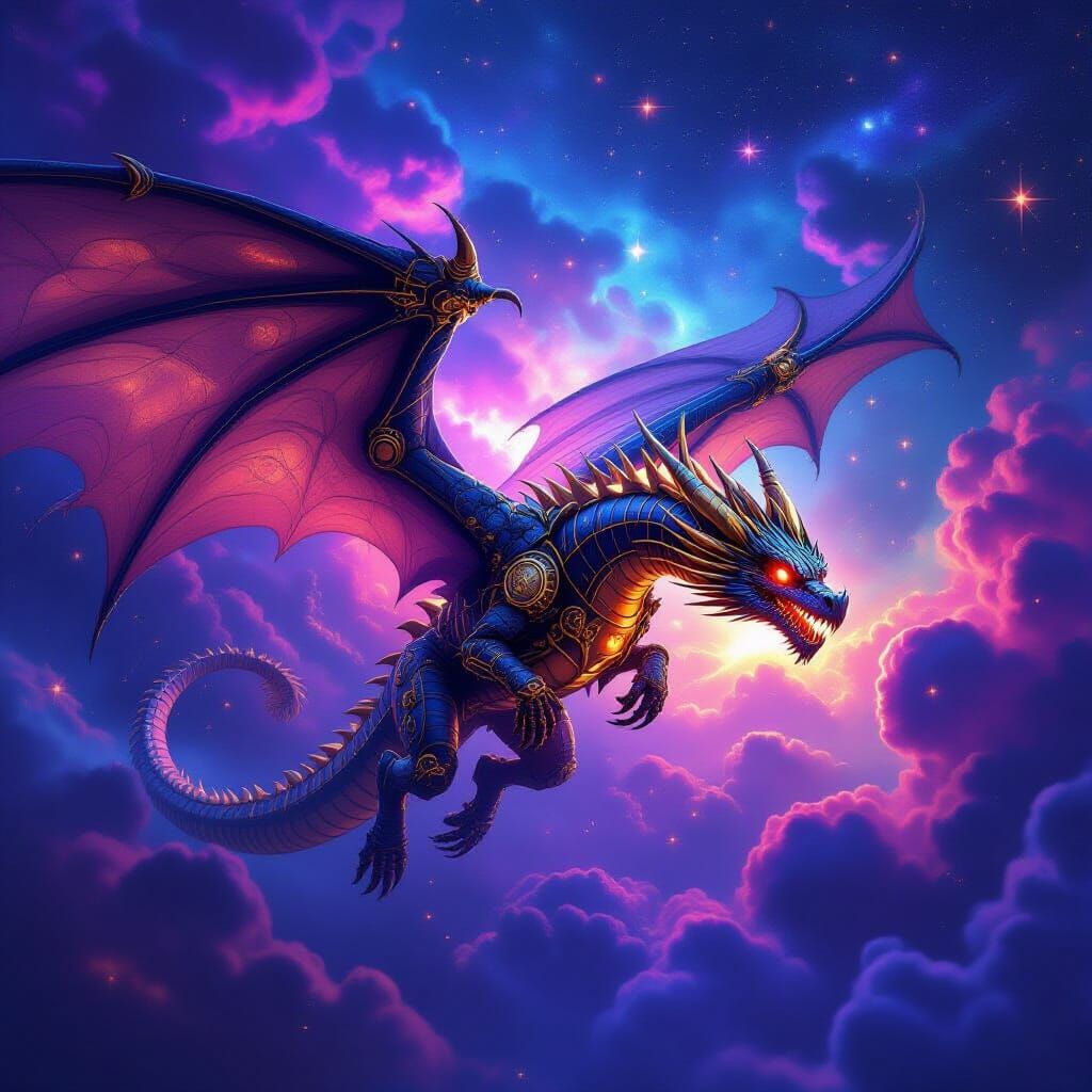 Clockwork Dragon Soaring Through Iridescent Nebula