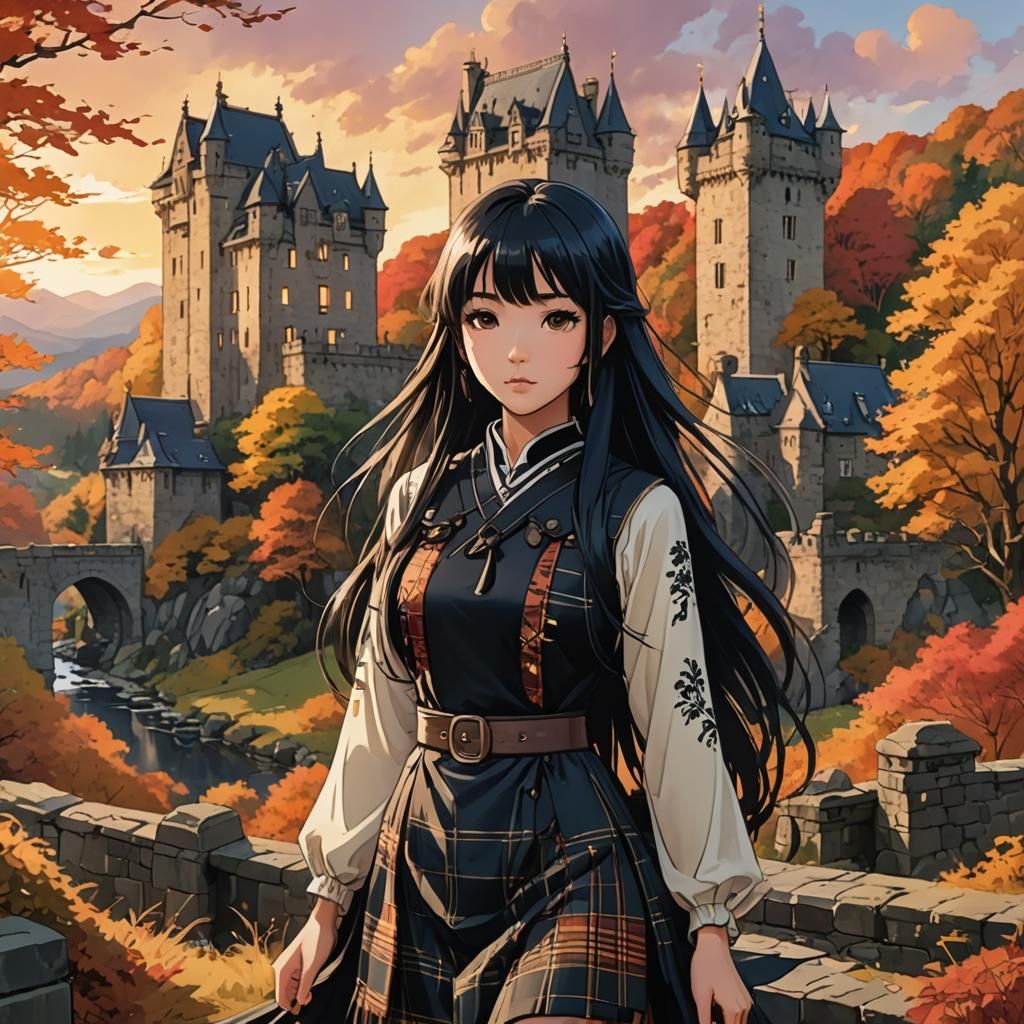 Anime Style Japanese Woman at Scottish Castle