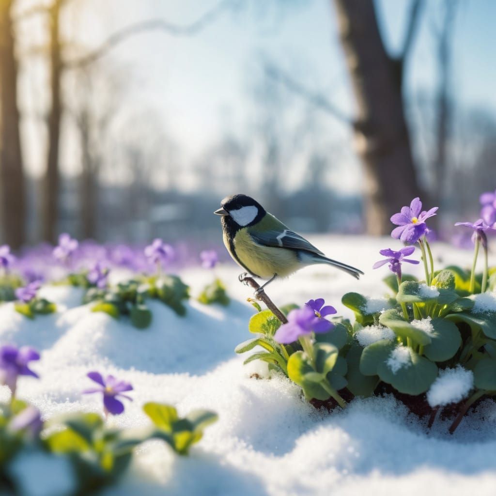 Blooming Violets in Early Spring under Pale Winter Sun