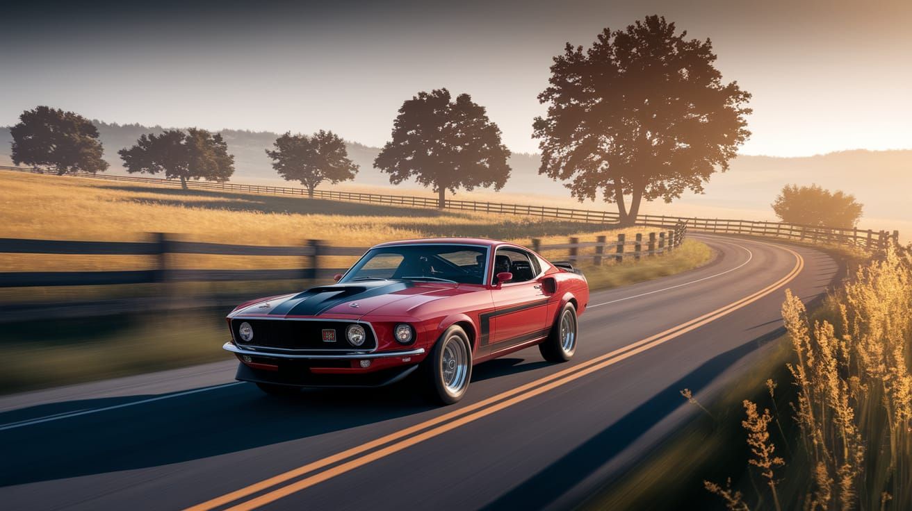 Red Mustang Boss 429 on Country Road