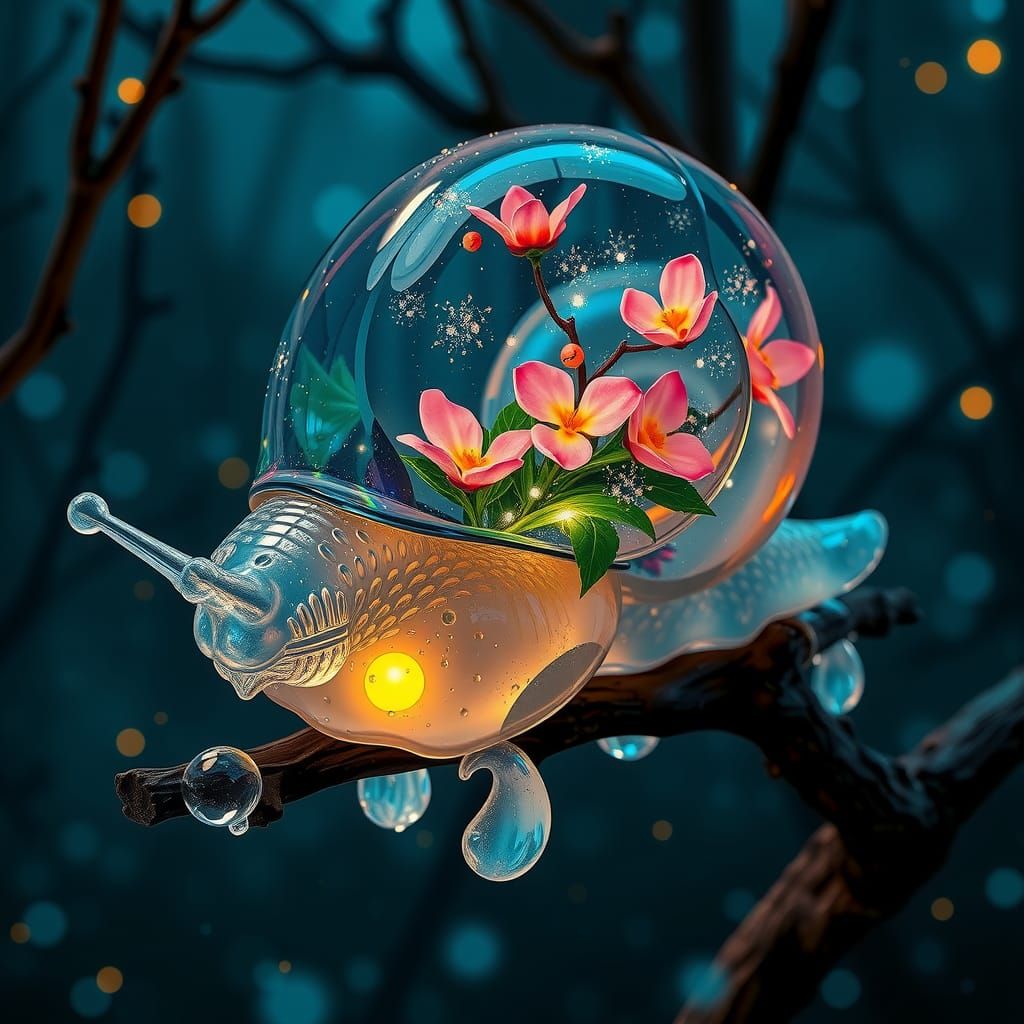 Luminous Crystal Snail Sculpture in Bioluminescent Forest