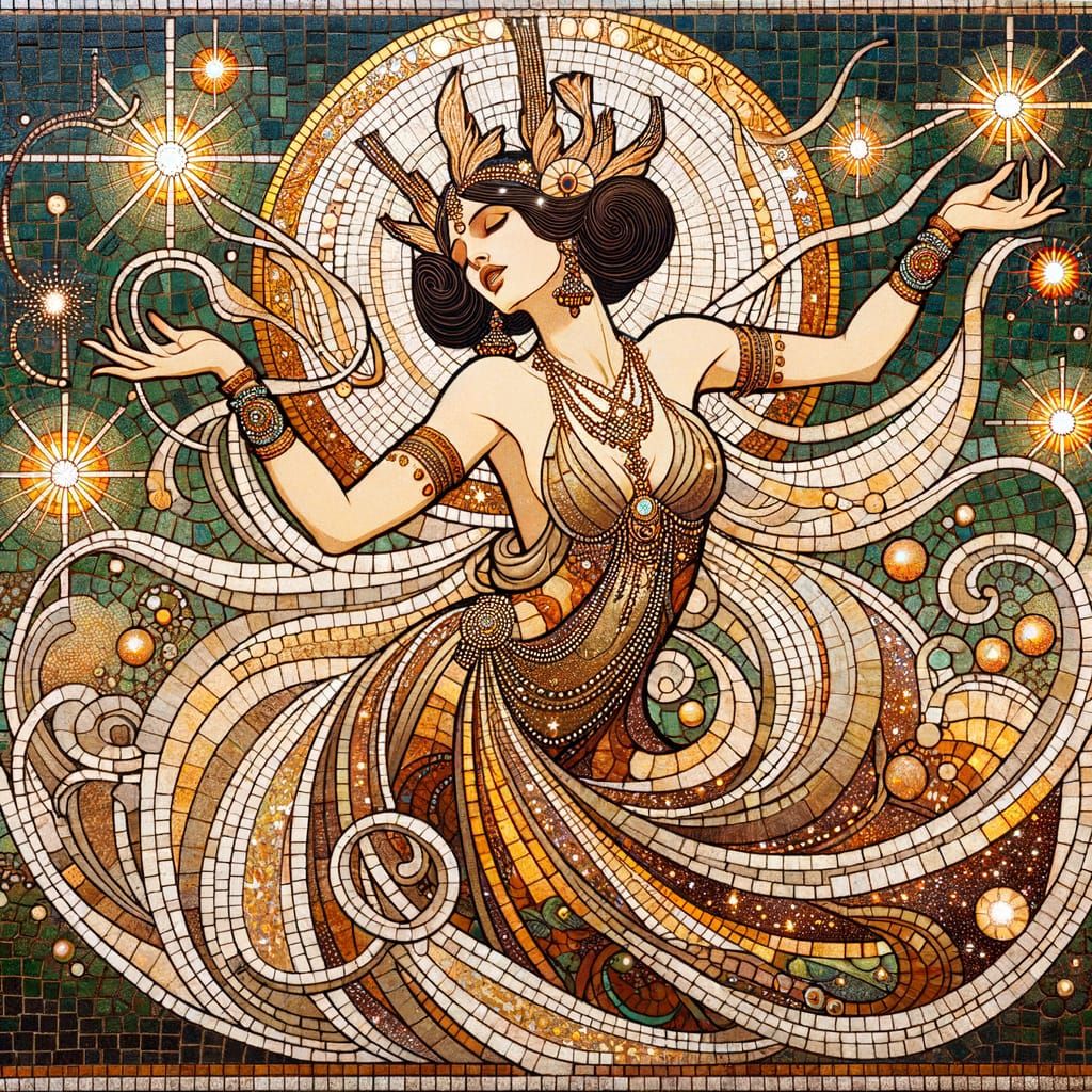 Goddess Dispersing Sparkling Stars in Art Nouveau Mosaic