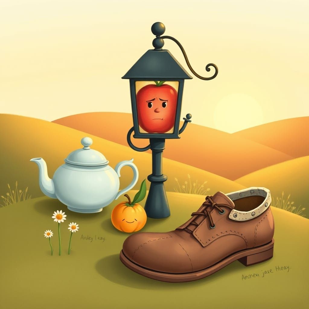 Whimsical Storybook Scene with Anthropomorphic Objects