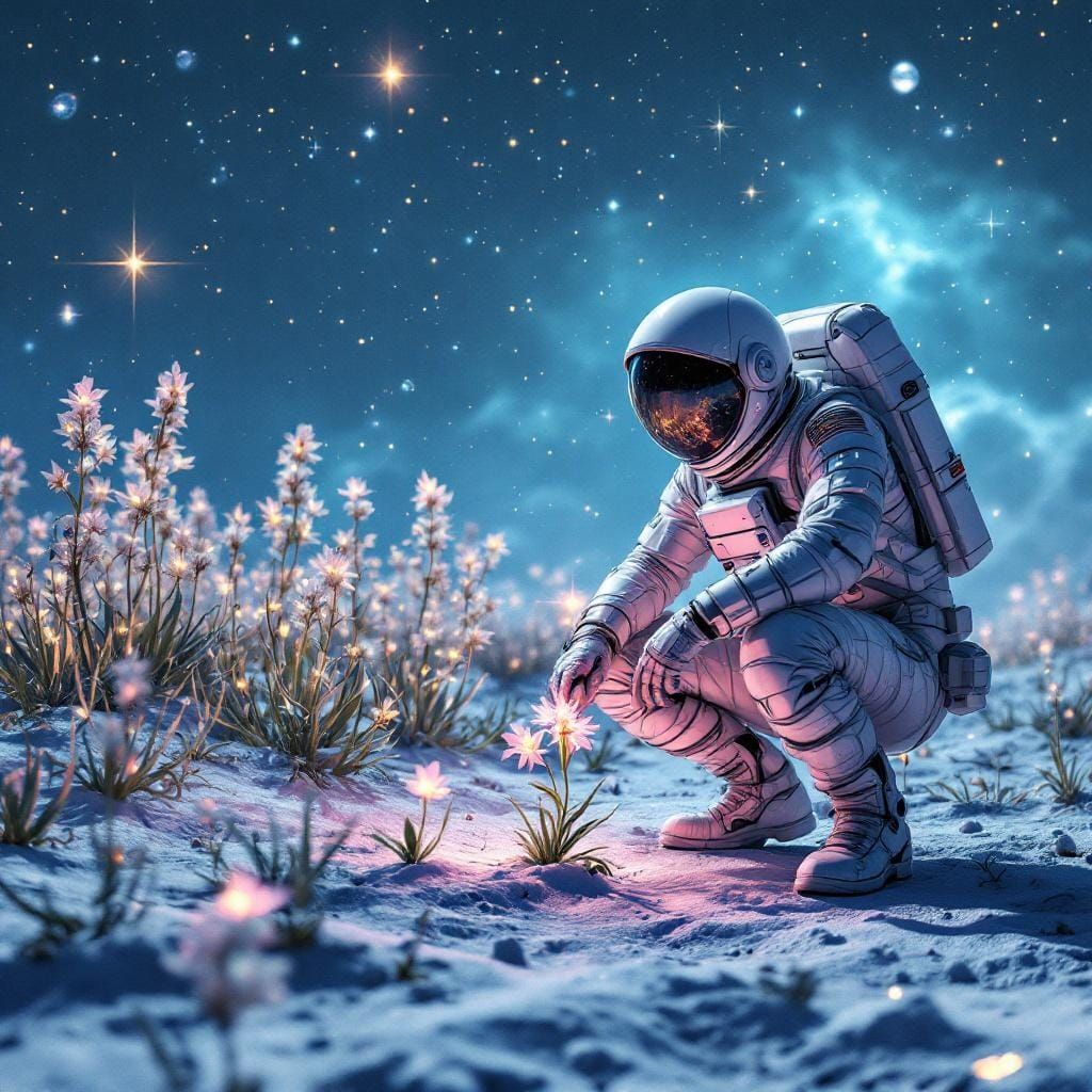 Astronaut Planting Glowing Flower on Moon