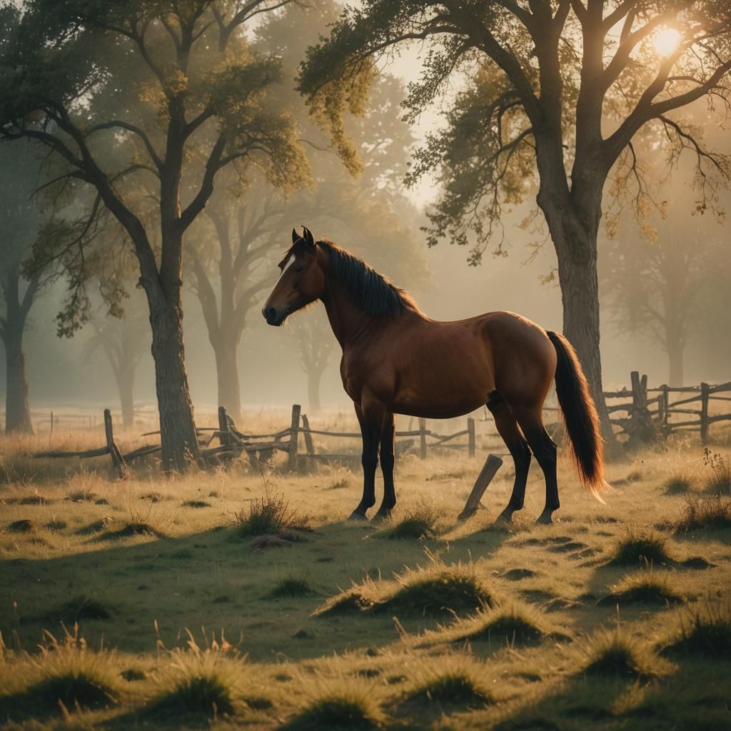 Magnificent Horse Rearing in Misty Sunset Meadow