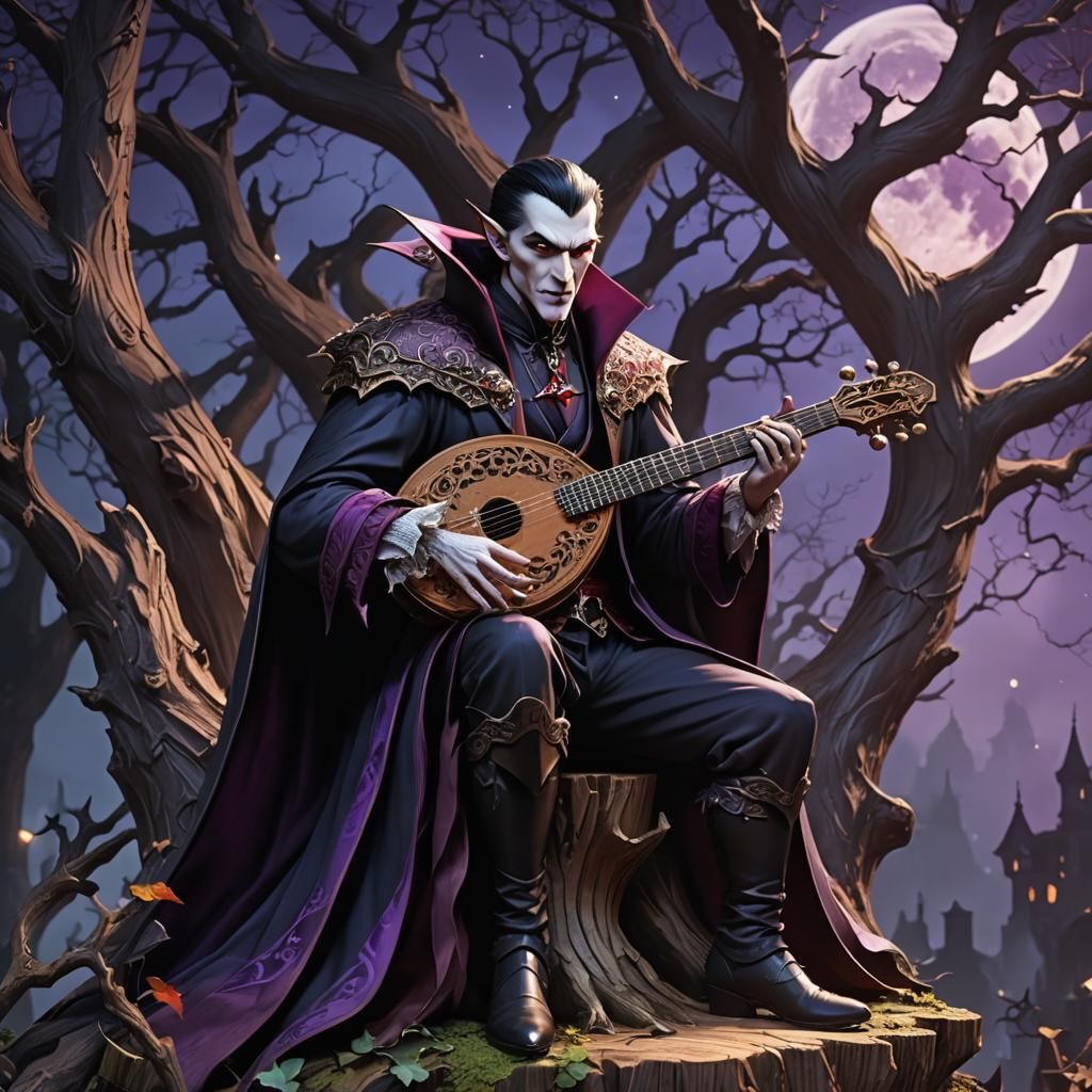 Dracula as a Bard in Dark Fantasy Anime Style