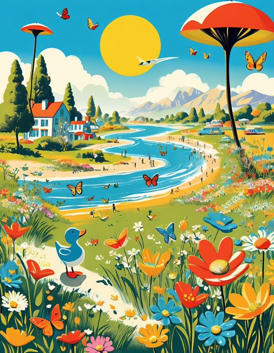 Retro Sci-Fi Duck in Vintage Flower Meadow