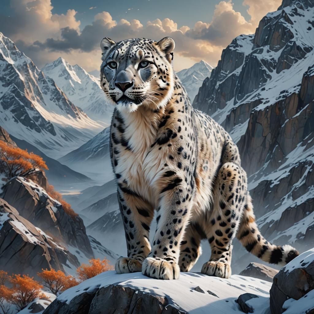 Majestic Snow Leopard in Fantasy Mountain Landscape
