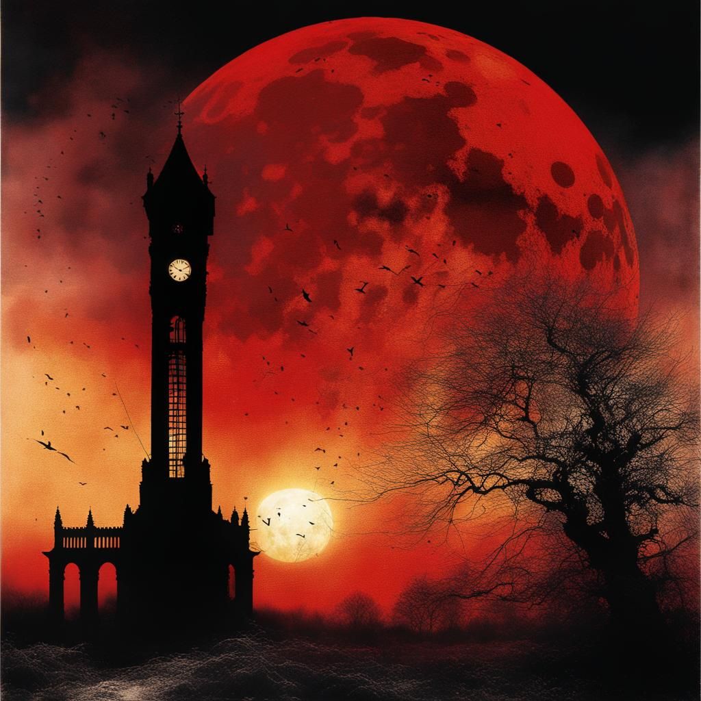 Ruin Tower Clock Under Black Sun Eclipse