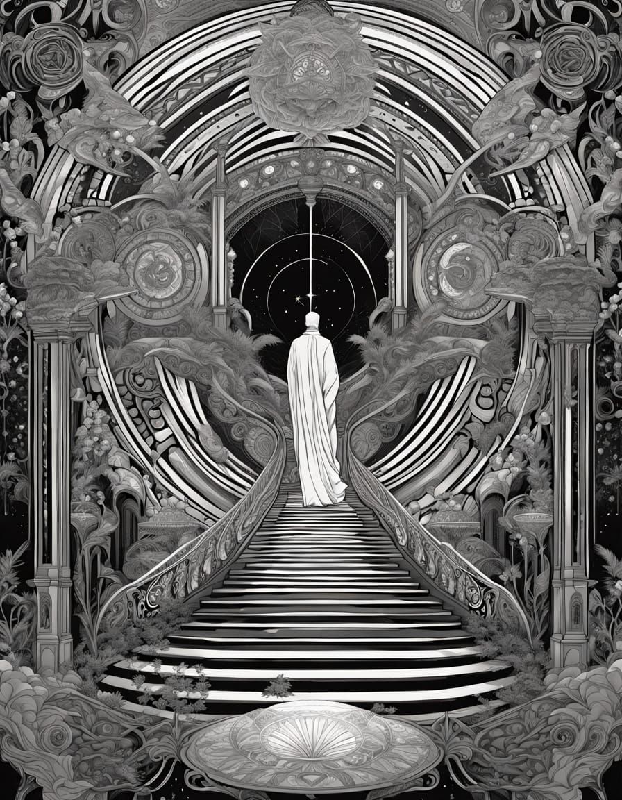 Gay Figure Ascends Staircase to Radiant Being in Futuristic ...