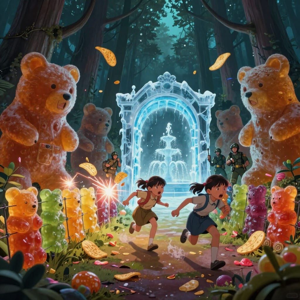 Girls Escape Forest of Giant Gummy Bears in Surreal Art Styl...