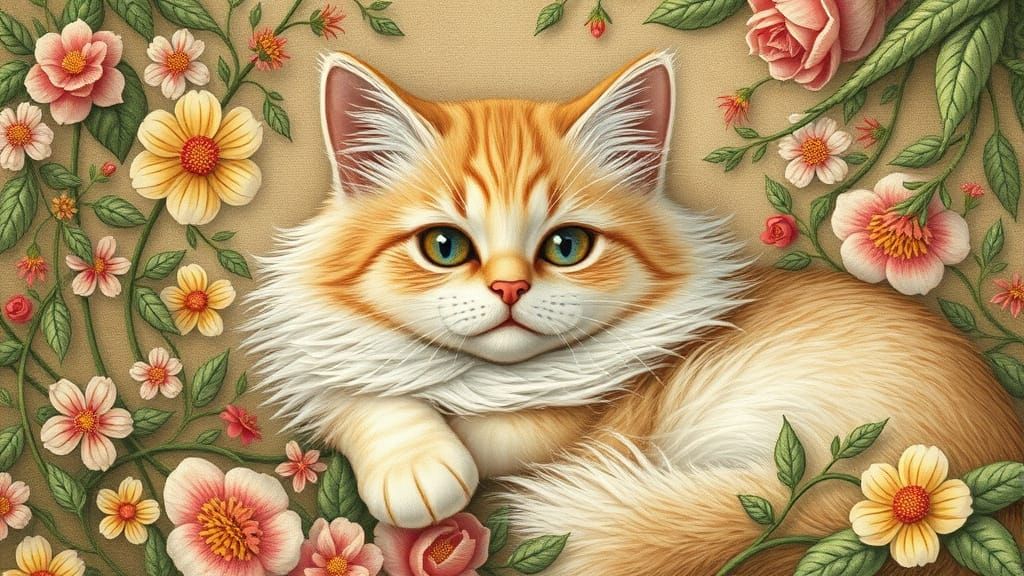 Serene Cat Amidst Floral Patterns in Potter & Miyazaki Style