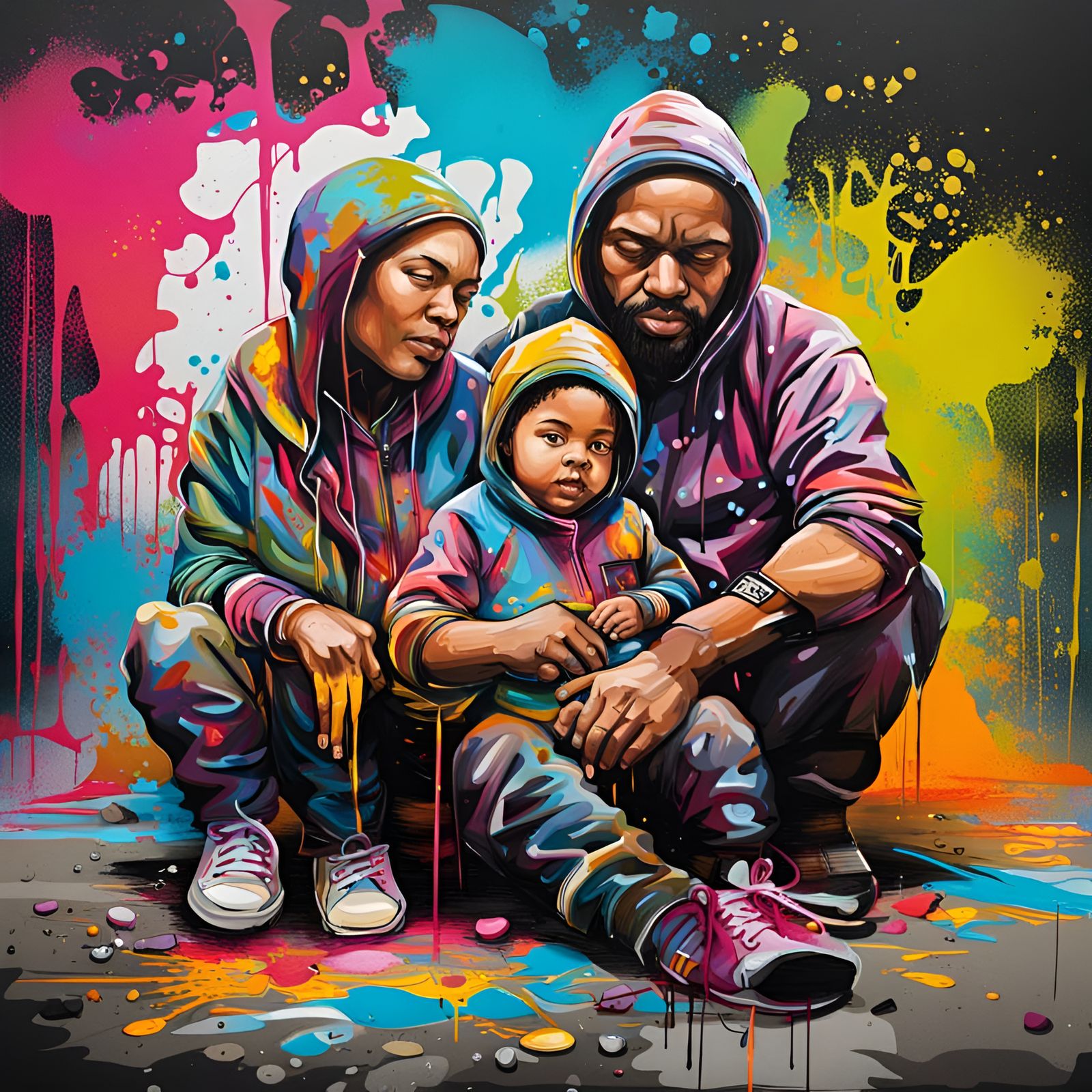 Graffiti Art Family Portrait with Splash Effects