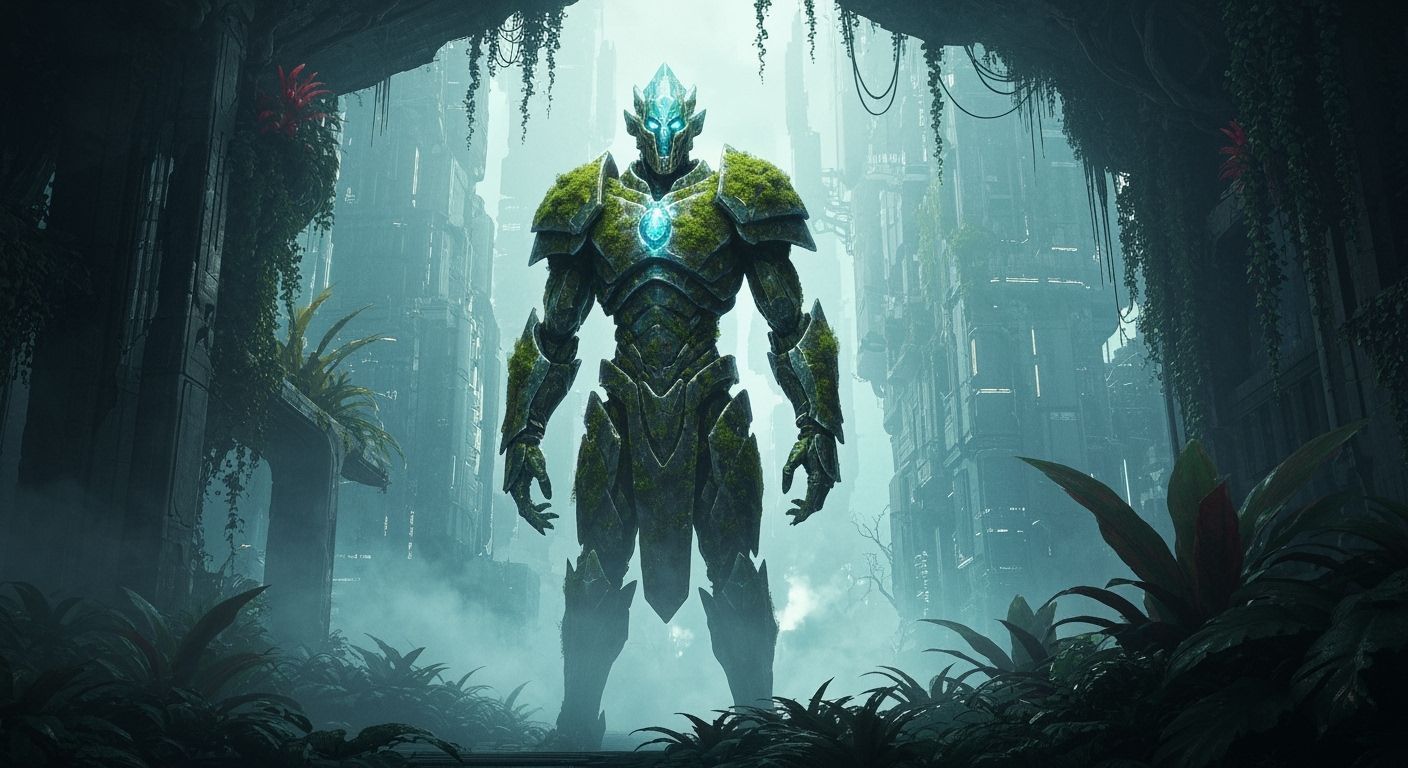 Crystal Golem Guards Overgrown Futuristic Cityscape