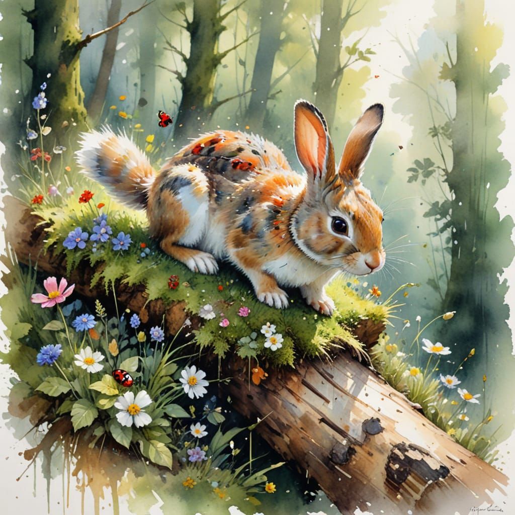 Bunny on Mossy Log in Watercolour Glade