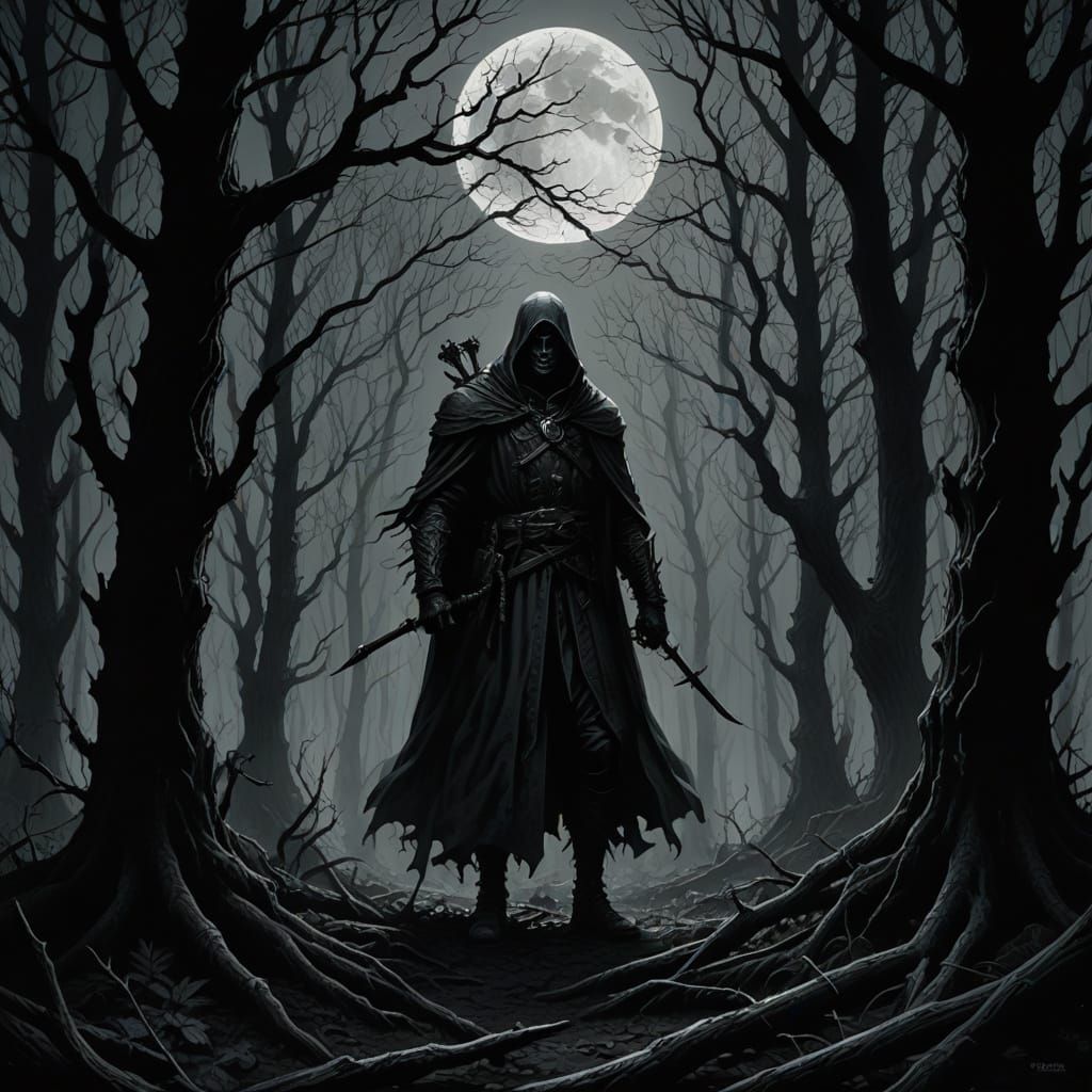 Mysterious Figure in Black Woods Illuminated by Glowing Red ...