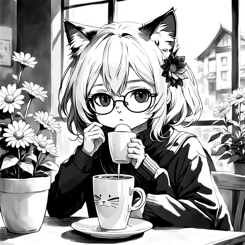 Tired Cat Drinks Coffee: Black and White Anime Art